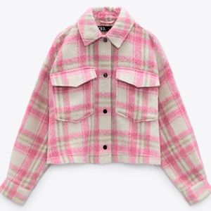 Zara Pink Plaid Cropped Shacket Overshirt